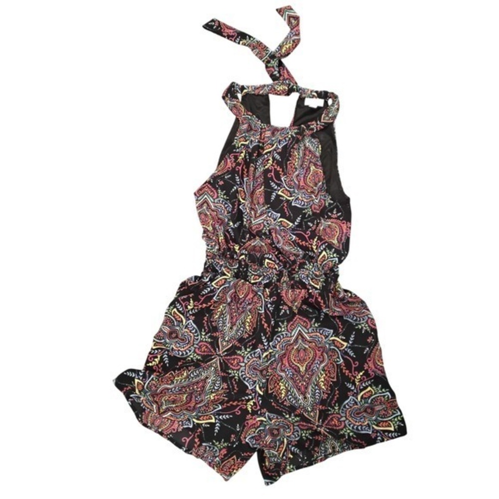 New York &‎ Company Womens Paisley Halter Romper Black Multi Smocked Waist Small